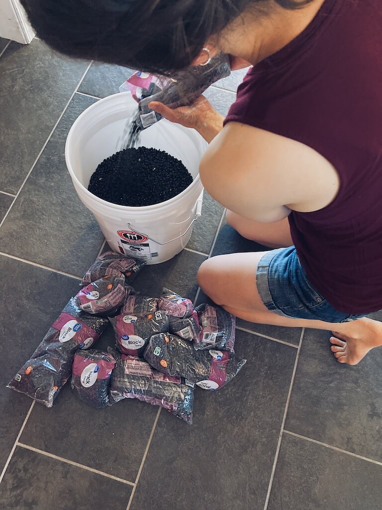woman pouring black beans into 5-gallon bucket
