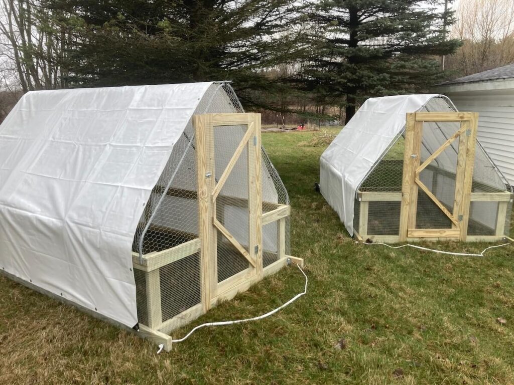 two suscovich style mobile chicken coops