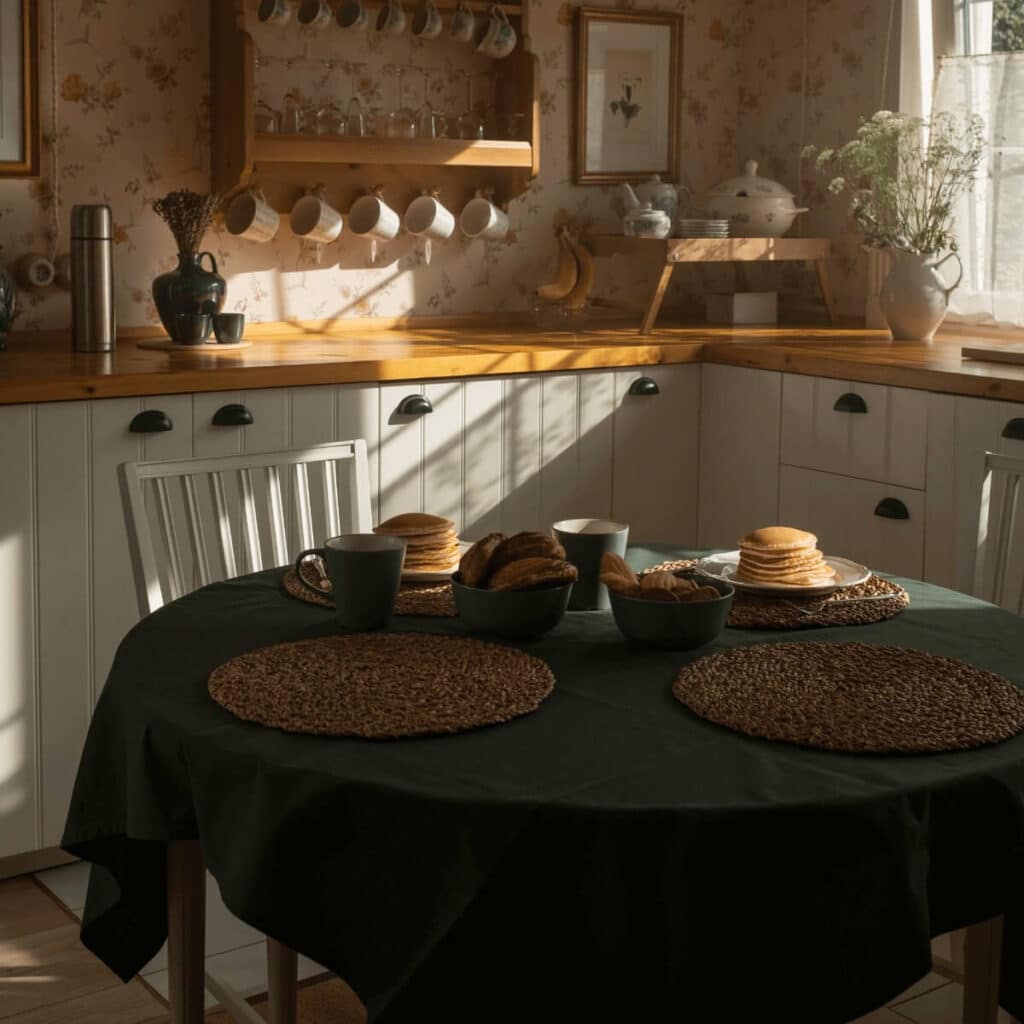 kitchen table with light streaming through behind