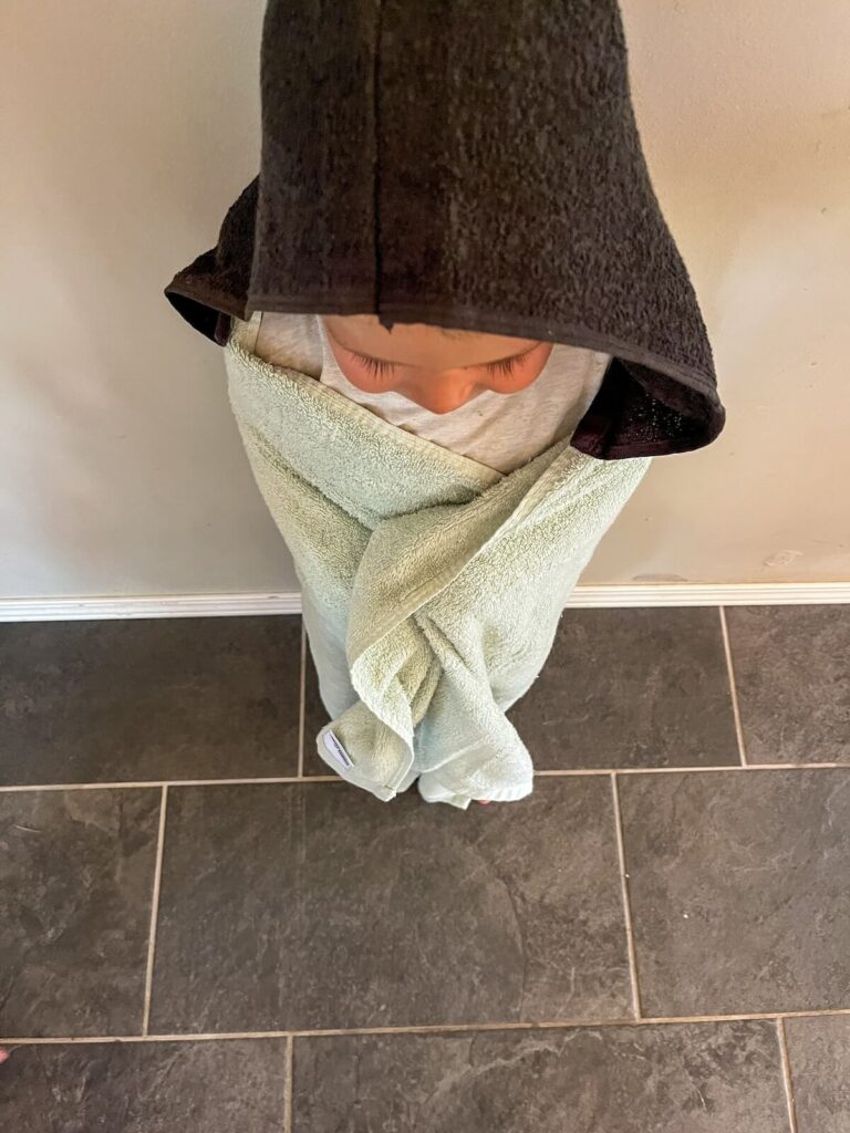 toddler wearing diy hooded towel
