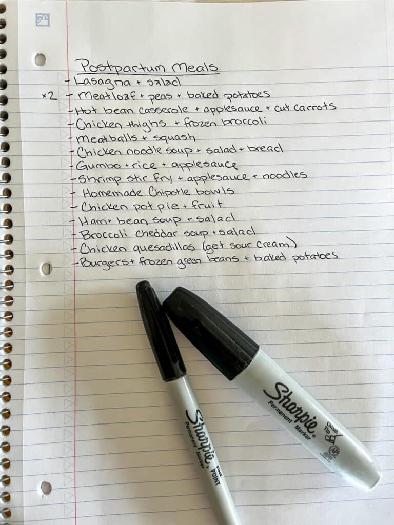 handwritten list of postpartum freezer meals