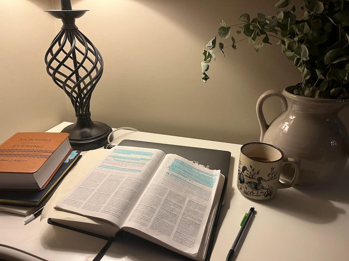 open bible on desk next to coffee mug and plant